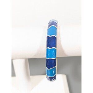 Blue Enamel Stripe Bangle Bracelet Silver Tone 8" Coastal Chic